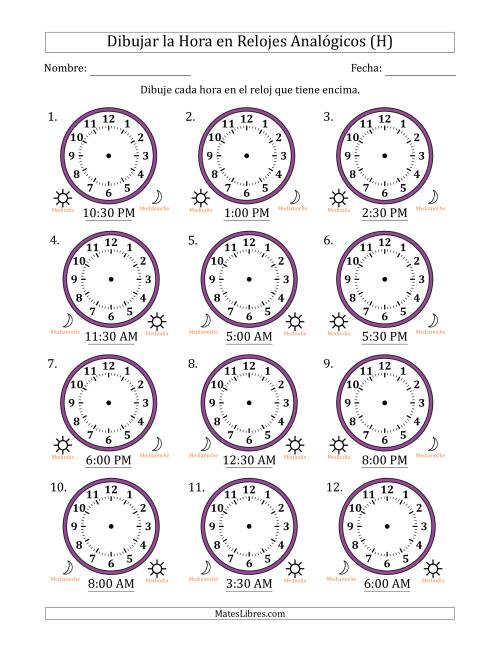 La hoja de ejercicios de Representar la Hora en Relojes Analógicos de 12 Horas en Intervalos de 30 Minuto (12 Relojes) (H)