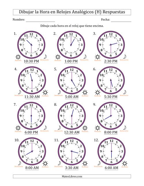 La hoja de ejercicios de Representar la Hora en Relojes Analógicos de 12 Horas en Intervalos de 30 Minuto (12 Relojes) (H) Página 2