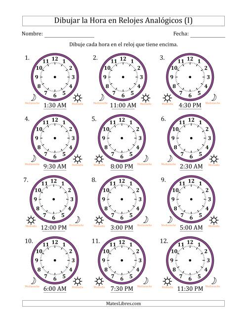 La hoja de ejercicios de Representar la Hora en Relojes Analógicos de 12 Horas en Intervalos de 30 Minuto (12 Relojes) (I)