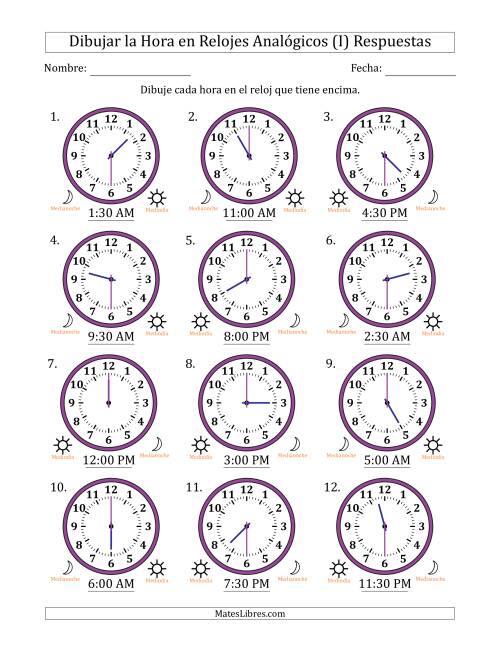 La hoja de ejercicios de Representar la Hora en Relojes Analógicos de 12 Horas en Intervalos de 30 Minuto (12 Relojes) (I) Página 2