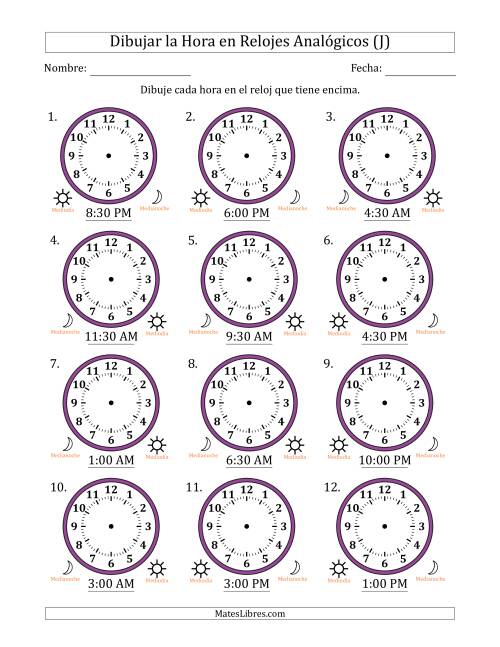 La hoja de ejercicios de Representar la Hora en Relojes Analógicos de 12 Horas en Intervalos de 30 Minuto (12 Relojes) (J)