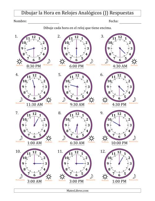 La hoja de ejercicios de Representar la Hora en Relojes Analógicos de 12 Horas en Intervalos de 30 Minuto (12 Relojes) (J) Página 2