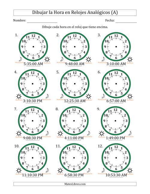 La hoja de ejercicios de Representar la Hora en Relojes Analógicos de 12 Horas en Intervalos de 30 Segundo (12 Relojes) (A)