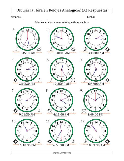 La hoja de ejercicios de Representar la Hora en Relojes Analógicos de 12 Horas en Intervalos de 30 Segundo (12 Relojes) (A) Página 2