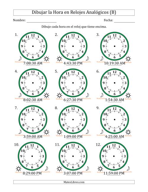 La hoja de ejercicios de Representar la Hora en Relojes Analógicos de 12 Horas en Intervalos de 30 Segundo (12 Relojes) (B)