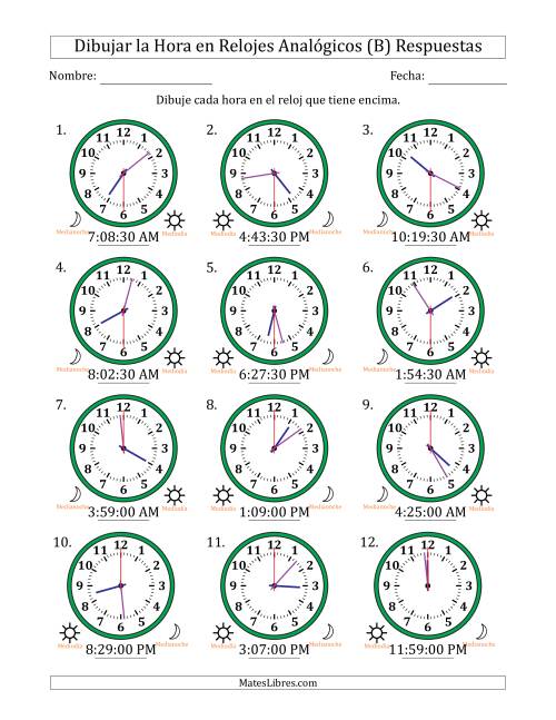 La hoja de ejercicios de Representar la Hora en Relojes Analógicos de 12 Horas en Intervalos de 30 Segundo (12 Relojes) (B) Página 2