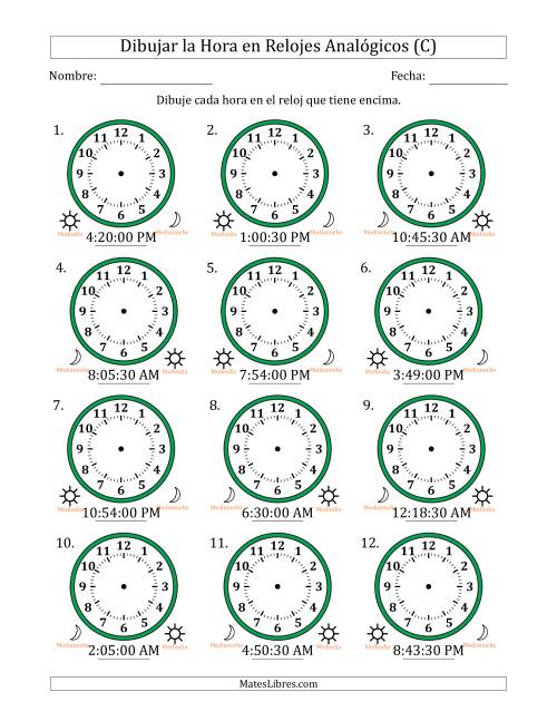 La hoja de ejercicios de Representar la Hora en Relojes Analógicos de 12 Horas en Intervalos de 30 Segundo (12 Relojes) (C)