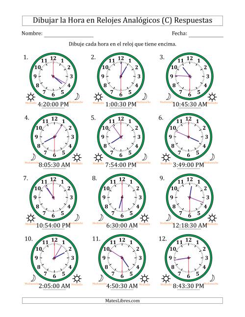 La hoja de ejercicios de Representar la Hora en Relojes Analógicos de 12 Horas en Intervalos de 30 Segundo (12 Relojes) (C) Página 2