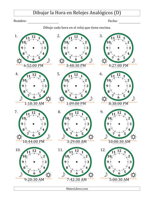 La hoja de ejercicios de Representar la Hora en Relojes Analógicos de 12 Horas en Intervalos de 30 Segundo (12 Relojes) (D)