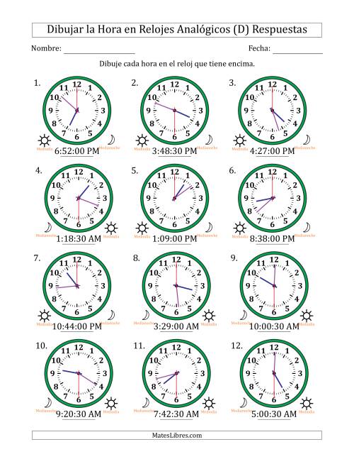La hoja de ejercicios de Representar la Hora en Relojes Analógicos de 12 Horas en Intervalos de 30 Segundo (12 Relojes) (D) Página 2
