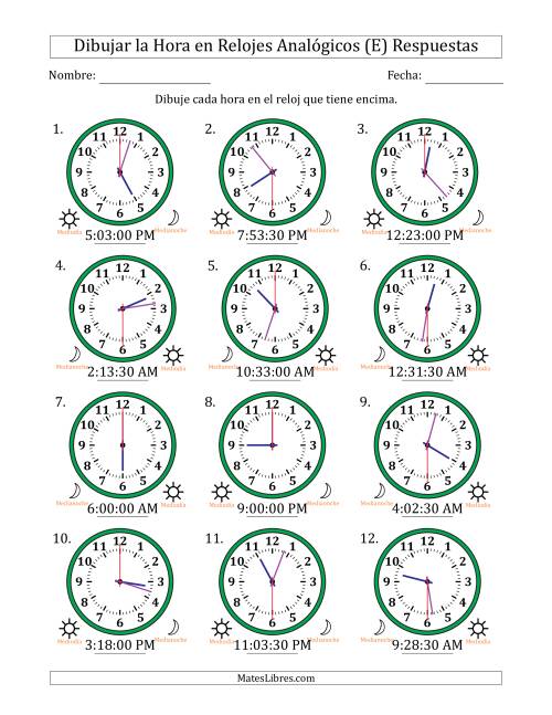 La hoja de ejercicios de Representar la Hora en Relojes Analógicos de 12 Horas en Intervalos de 30 Segundo (12 Relojes) (E) Página 2