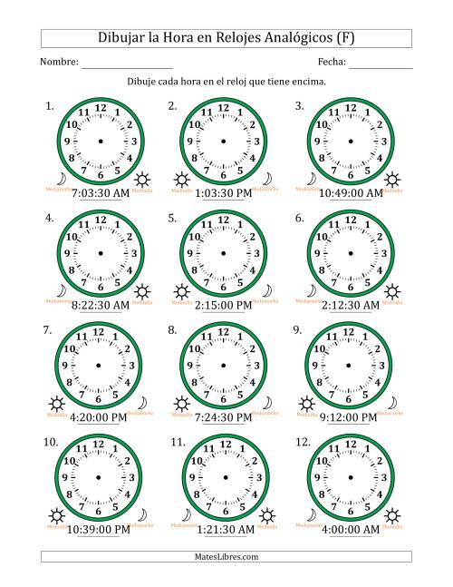La hoja de ejercicios de Representar la Hora en Relojes Analógicos de 12 Horas en Intervalos de 30 Segundo (12 Relojes) (F)