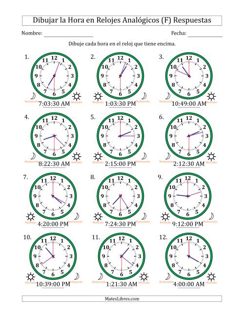 La hoja de ejercicios de Representar la Hora en Relojes Analógicos de 12 Horas en Intervalos de 30 Segundo (12 Relojes) (F) Página 2