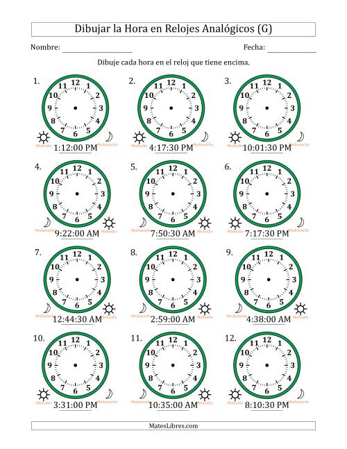 La hoja de ejercicios de Representar la Hora en Relojes Analógicos de 12 Horas en Intervalos de 30 Segundo (12 Relojes) (G)