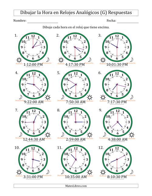 La hoja de ejercicios de Representar la Hora en Relojes Analógicos de 12 Horas en Intervalos de 30 Segundo (12 Relojes) (G) Página 2