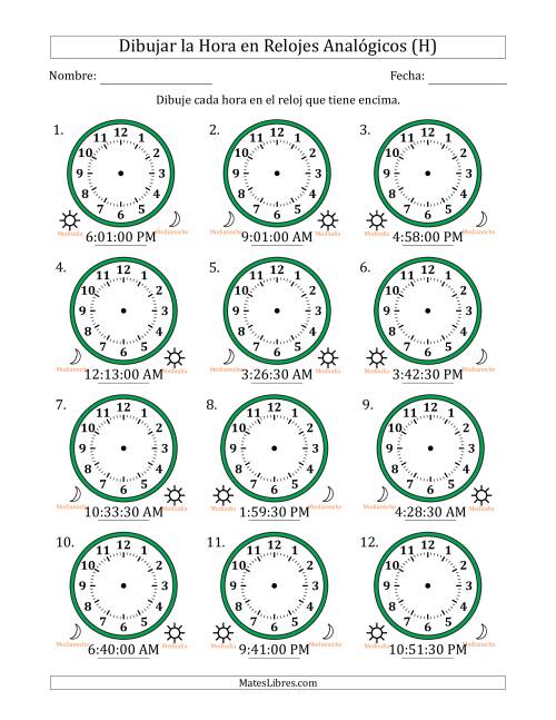 La hoja de ejercicios de Representar la Hora en Relojes Analógicos de 12 Horas en Intervalos de 30 Segundo (12 Relojes) (H)