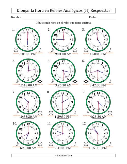 La hoja de ejercicios de Representar la Hora en Relojes Analógicos de 12 Horas en Intervalos de 30 Segundo (12 Relojes) (H) Página 2