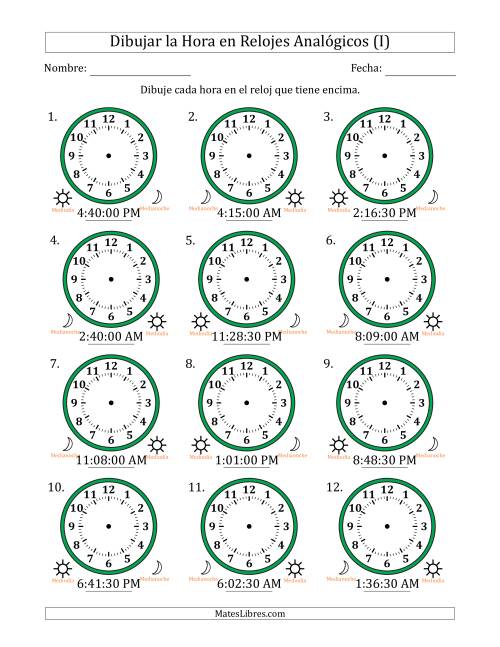 La hoja de ejercicios de Representar la Hora en Relojes Analógicos de 12 Horas en Intervalos de 30 Segundo (12 Relojes) (I)
