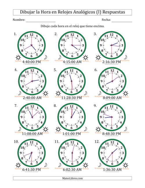 La hoja de ejercicios de Representar la Hora en Relojes Analógicos de 12 Horas en Intervalos de 30 Segundo (12 Relojes) (I) Página 2