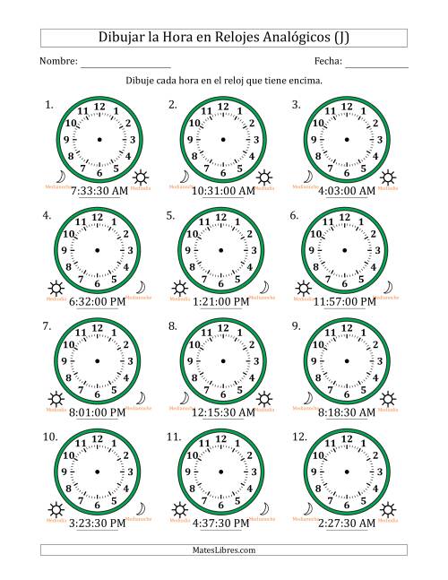 La hoja de ejercicios de Representar la Hora en Relojes Analógicos de 12 Horas en Intervalos de 30 Segundo (12 Relojes) (J)