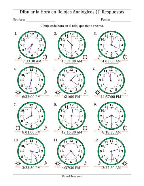 La hoja de ejercicios de Representar la Hora en Relojes Analógicos de 12 Horas en Intervalos de 30 Segundo (12 Relojes) (J) Página 2