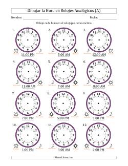 Representar la Hora en Relojes Analógicos de 12 Horas en Intervalos de 1 Hora (12 Relojes)