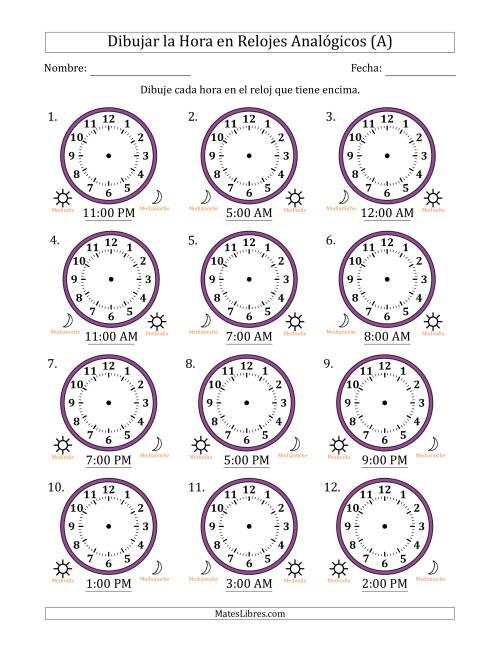 La hoja de ejercicios de Representar la Hora en Relojes Analógicos de 12 Horas en Intervalos de 1 Hora (12 Relojes) (A)