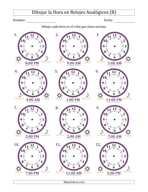 La hoja de ejercicios de Representar la Hora en Relojes Analógicos de 12 Horas en Intervalos de 1 Hora (12 Relojes) (B)