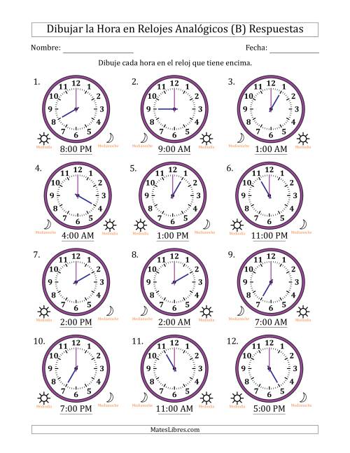 La hoja de ejercicios de Representar la Hora en Relojes Analógicos de 12 Horas en Intervalos de 1 Hora (12 Relojes) (B) Página 2