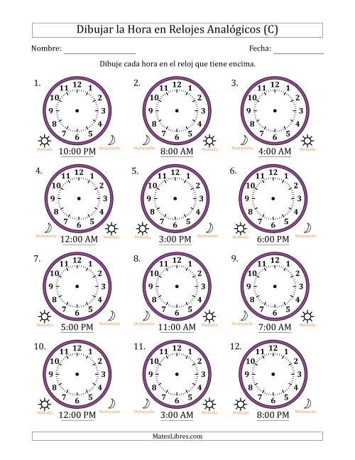 La hoja de ejercicios de Representar la Hora en Relojes Analógicos de 12 Horas en Intervalos de 1 Hora (12 Relojes) (C)