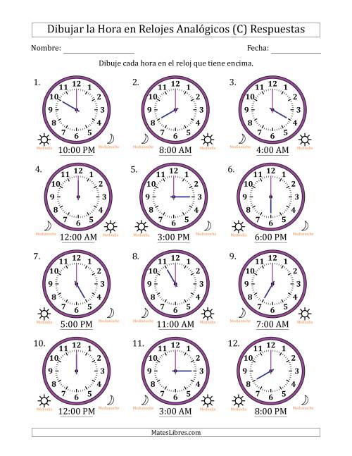 La hoja de ejercicios de Representar la Hora en Relojes Analógicos de 12 Horas en Intervalos de 1 Hora (12 Relojes) (C) Página 2