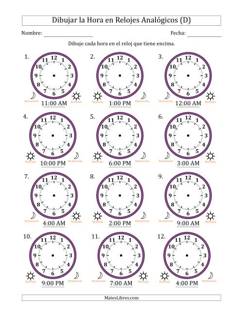 La hoja de ejercicios de Representar la Hora en Relojes Analógicos de 12 Horas en Intervalos de 1 Hora (12 Relojes) (D)