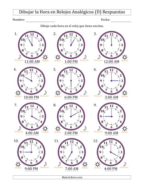 La hoja de ejercicios de Representar la Hora en Relojes Analógicos de 12 Horas en Intervalos de 1 Hora (12 Relojes) (D) Página 2