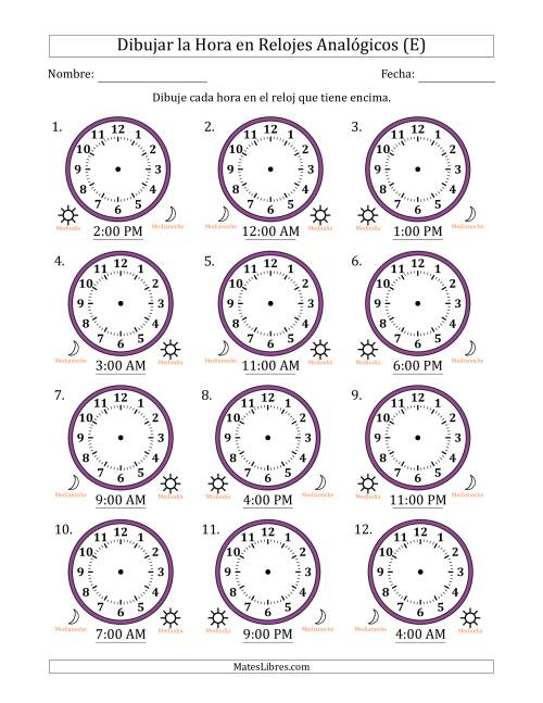 La hoja de ejercicios de Representar la Hora en Relojes Analógicos de 12 Horas en Intervalos de 1 Hora (12 Relojes) (E)