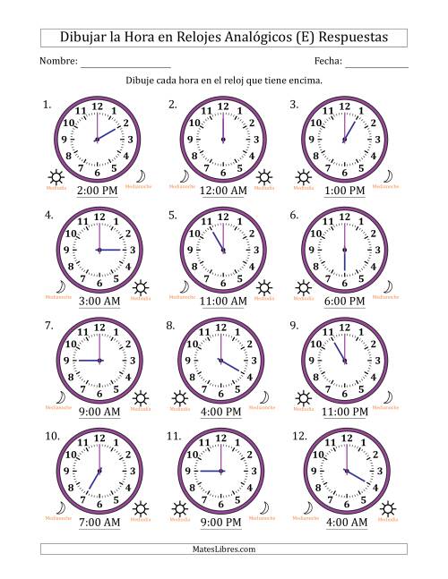 La hoja de ejercicios de Representar la Hora en Relojes Analógicos de 12 Horas en Intervalos de 1 Hora (12 Relojes) (E) Página 2