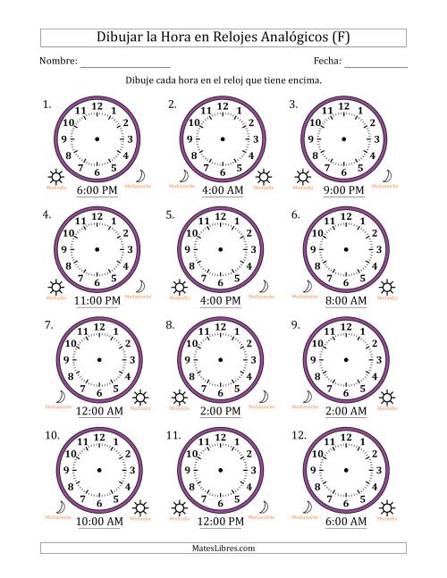 La hoja de ejercicios de Representar la Hora en Relojes Analógicos de 12 Horas en Intervalos de 1 Hora (12 Relojes) (F)