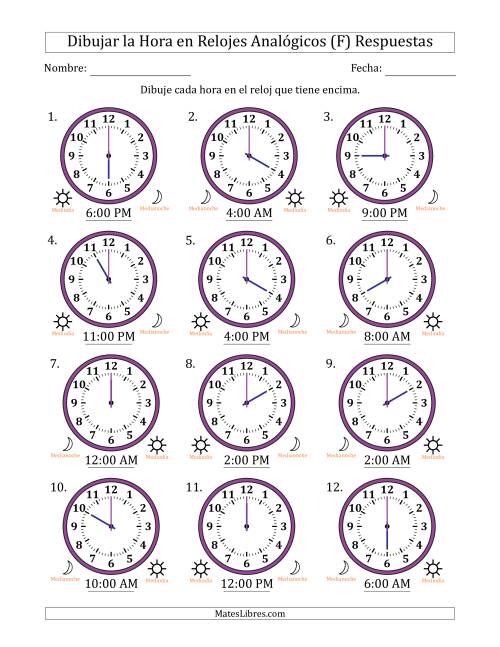 La hoja de ejercicios de Representar la Hora en Relojes Analógicos de 12 Horas en Intervalos de 1 Hora (12 Relojes) (F) Página 2