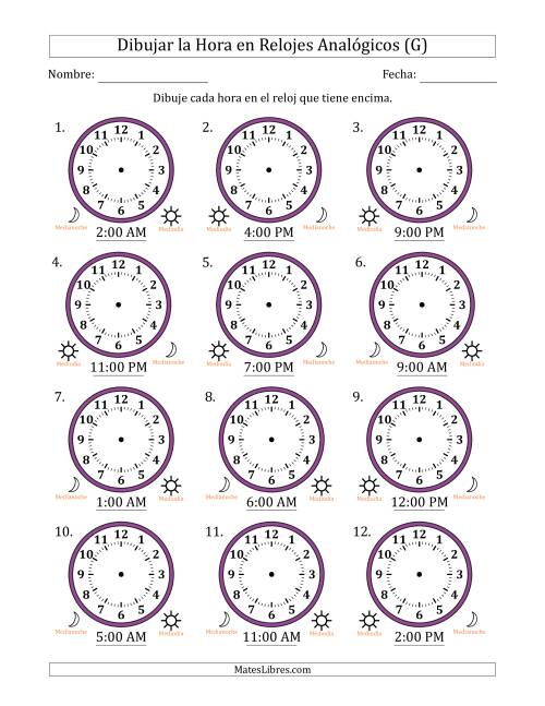 La hoja de ejercicios de Representar la Hora en Relojes Analógicos de 12 Horas en Intervalos de 1 Hora (12 Relojes) (G)