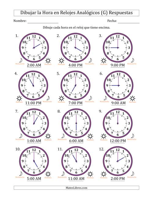 La hoja de ejercicios de Representar la Hora en Relojes Analógicos de 12 Horas en Intervalos de 1 Hora (12 Relojes) (G) Página 2