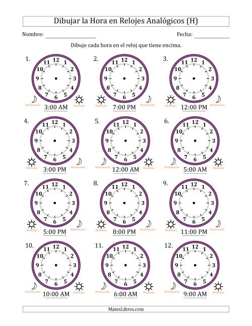 La hoja de ejercicios de Representar la Hora en Relojes Analógicos de 12 Horas en Intervalos de 1 Hora (12 Relojes) (H)