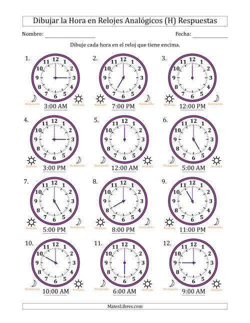 La hoja de ejercicios de Representar la Hora en Relojes Analógicos de 12 Horas en Intervalos de 1 Hora (12 Relojes) (H) Página 2