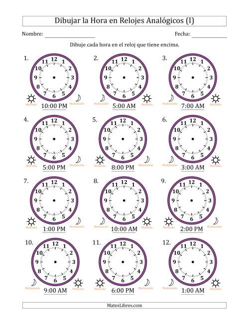 La hoja de ejercicios de Representar la Hora en Relojes Analógicos de 12 Horas en Intervalos de 1 Hora (12 Relojes) (I)