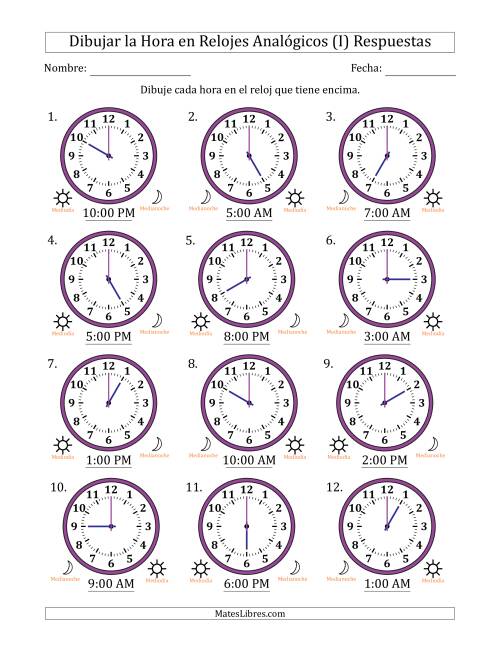 La hoja de ejercicios de Representar la Hora en Relojes Analógicos de 12 Horas en Intervalos de 1 Hora (12 Relojes) (I) Página 2