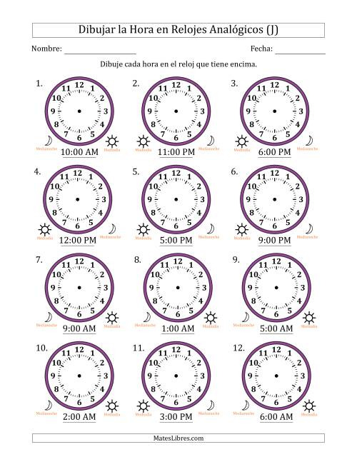 La hoja de ejercicios de Representar la Hora en Relojes Analógicos de 12 Horas en Intervalos de 1 Hora (12 Relojes) (J)
