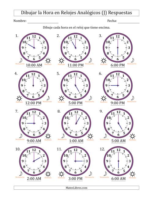 La hoja de ejercicios de Representar la Hora en Relojes Analógicos de 12 Horas en Intervalos de 1 Hora (12 Relojes) (J) Página 2