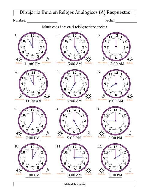 La hoja de ejercicios de Representar la Hora en Relojes Analógicos de 12 Horas en Intervalos de 1 Hora (12 Relojes) (Todas) Página 2