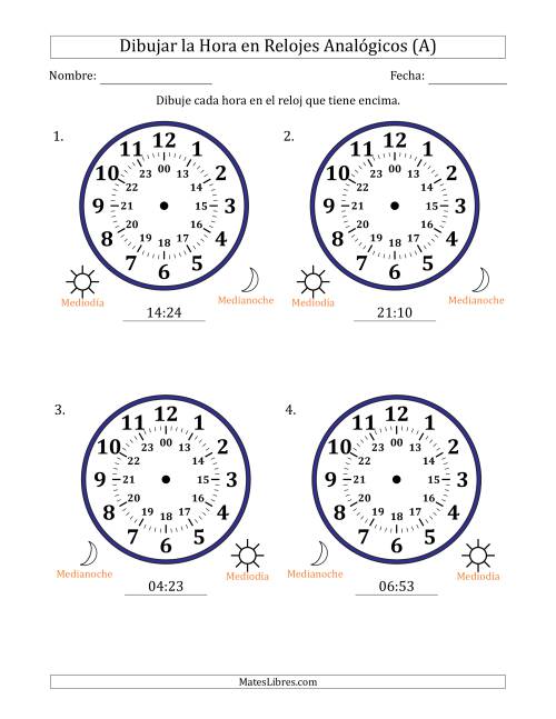 La hoja de ejercicios de Representar la Hora en Relojes Analógicos de 24 Horas en Intervalos de 1 Minuto (4 Relojes Grandes) (A)