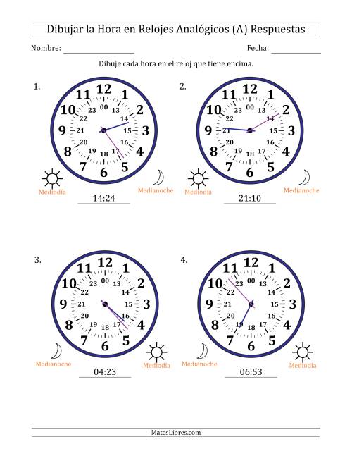 La hoja de ejercicios de Representar la Hora en Relojes Analógicos de 24 Horas en Intervalos de 1 Minuto (4 Relojes Grandes) (A) Página 2