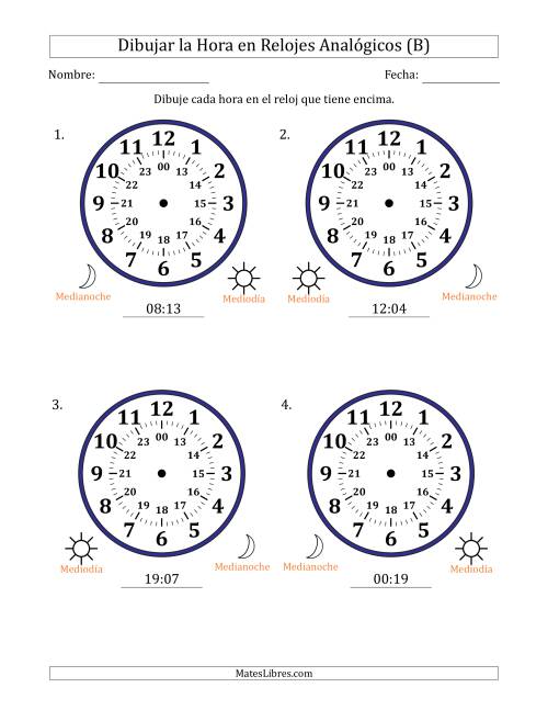 La hoja de ejercicios de Representar la Hora en Relojes Analógicos de 24 Horas en Intervalos de 1 Minuto (4 Relojes Grandes) (B)