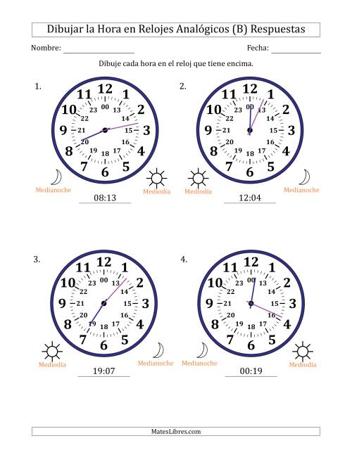 La hoja de ejercicios de Representar la Hora en Relojes Analógicos de 24 Horas en Intervalos de 1 Minuto (4 Relojes Grandes) (B) Página 2